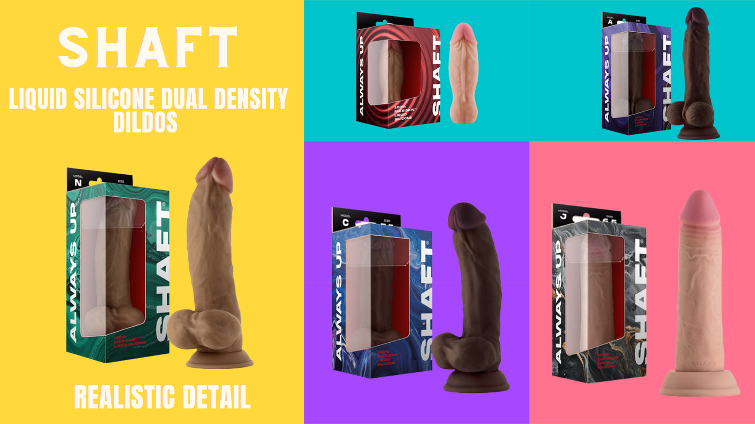 Shaft dual density silicone realistic dildos. soft silicone feel, suction cup harness capabilities