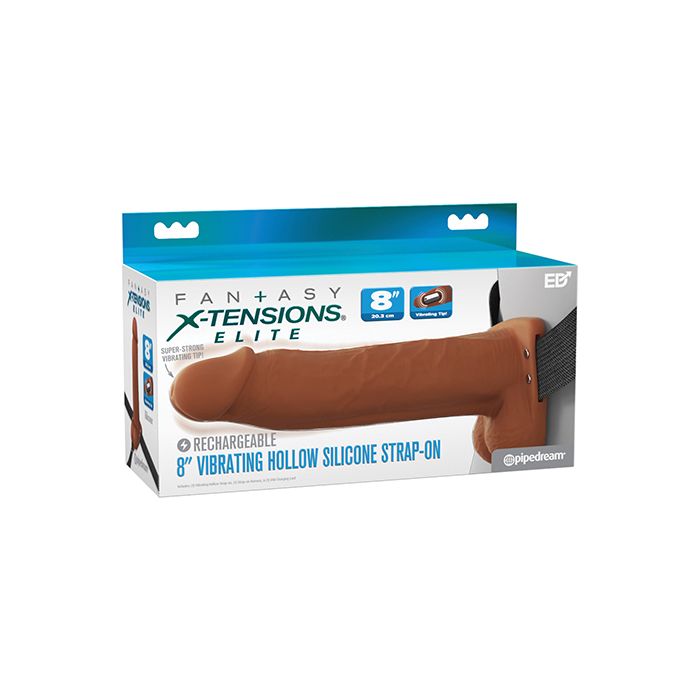 8 Inch Vibrating Hollow Strap On Harness Dildo In Brown