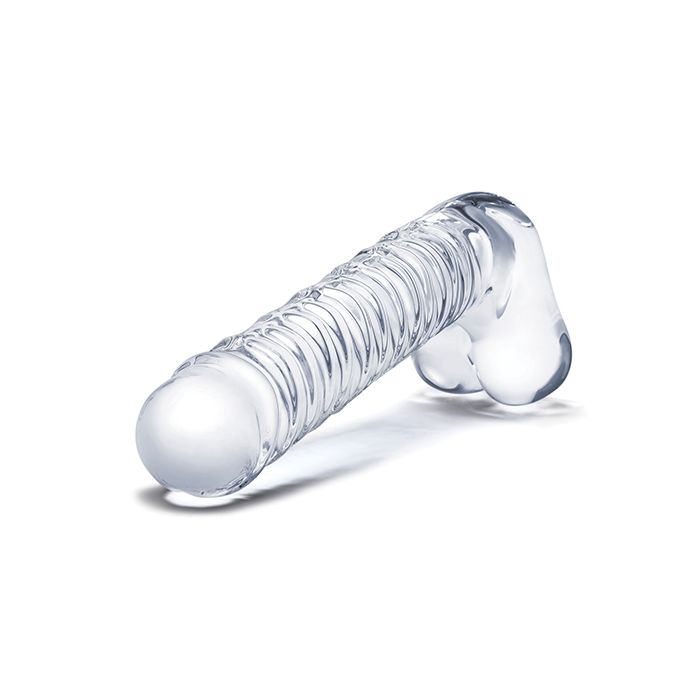 Realistic Ribbed Glass G-Spot Dildo with Balls 8 inch