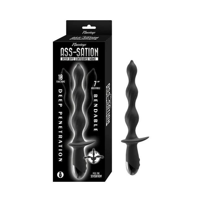 Black bendable toy with packaging labeled 'Ass-Sation' on a white background