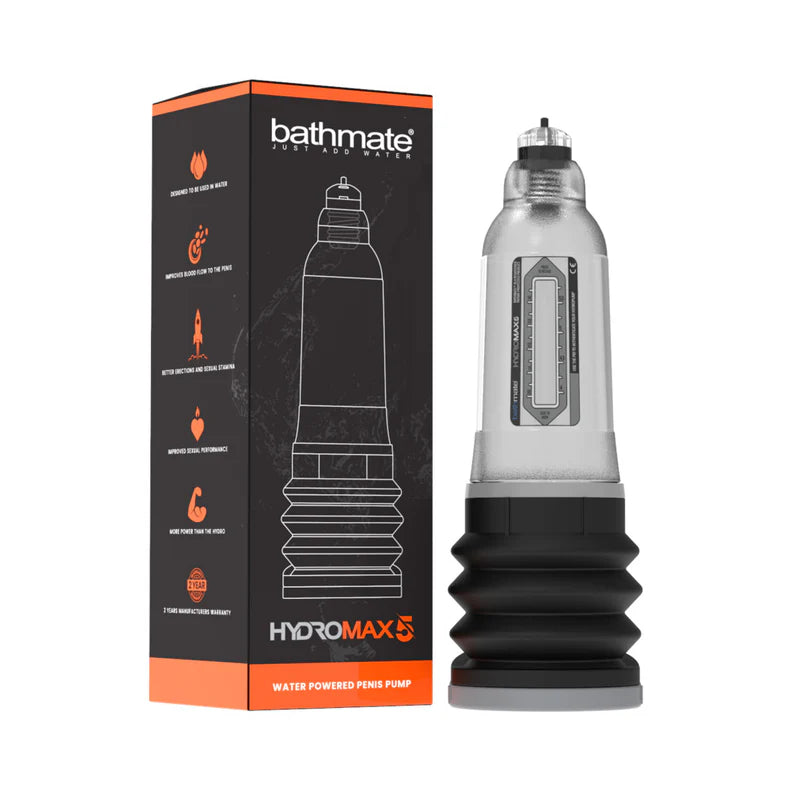 Bathmate HydroMax 5 water powered penis pump shown next to its black and orange retail packaging box on a plain white background.