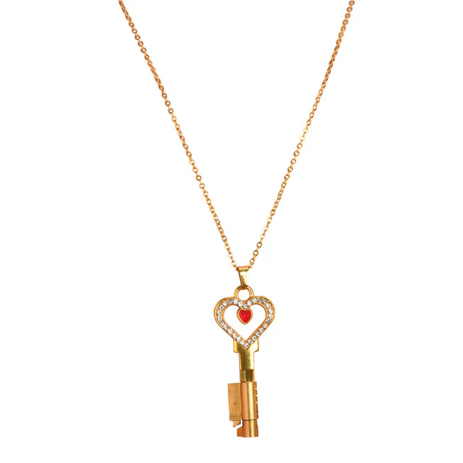 Gold key-shaped pendant with a heart design Chastity Key Necklace