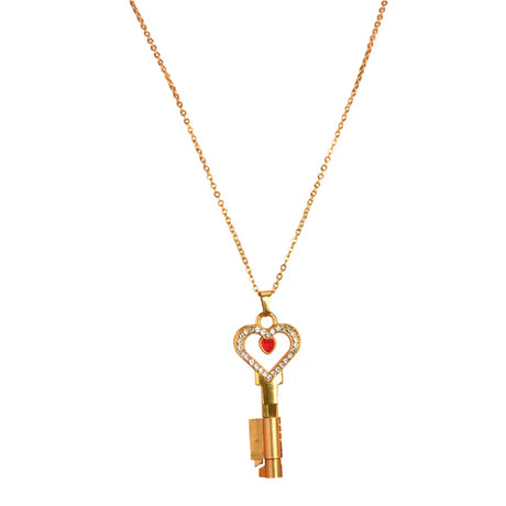 Gold key-shaped pendant with a heart design Chastity Key Necklace