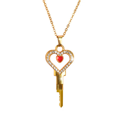 Gold key-shaped pendant with a heart design and red stone Chastity Key Necklace