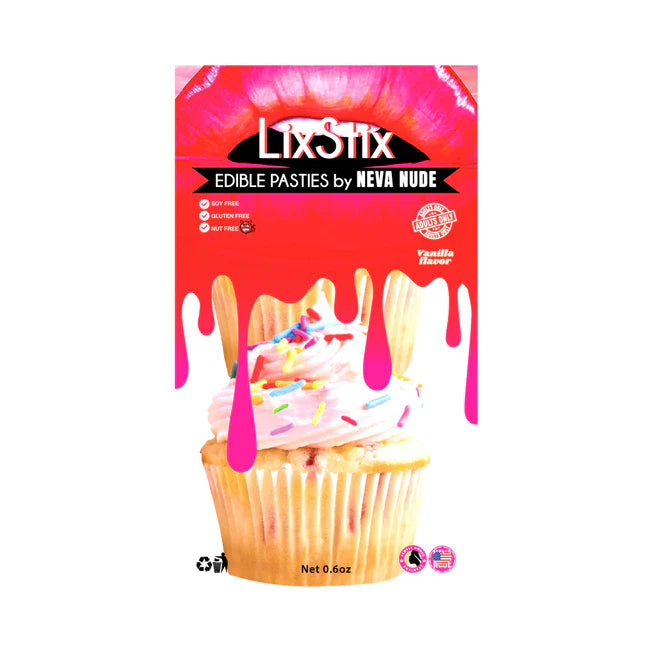 Packaging of LixStix edible pastries by Neva Nude with a cupcake illustration on a white background.