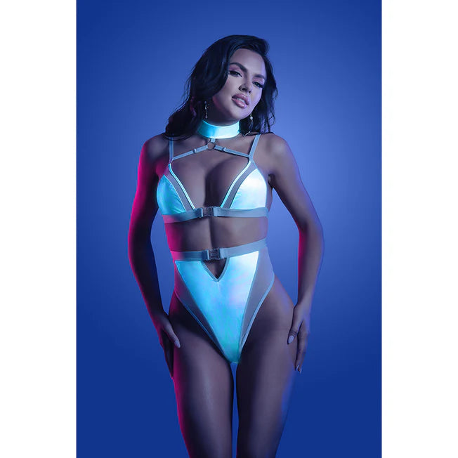 Glow Prismatic Iridescent Glow In The Dark Cut-Out Harness Bodysuit