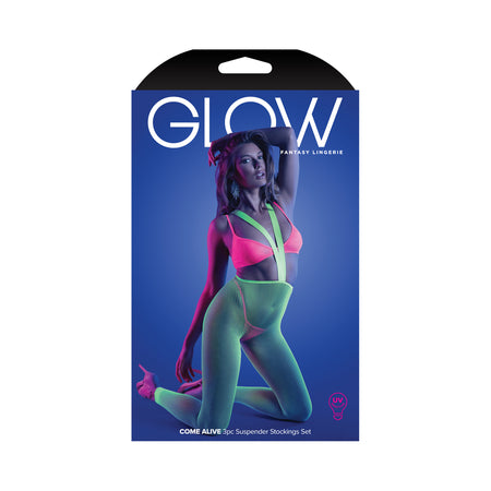 Glow Come Alive Bralette, G-String & Suspender Stockings Set - O/S