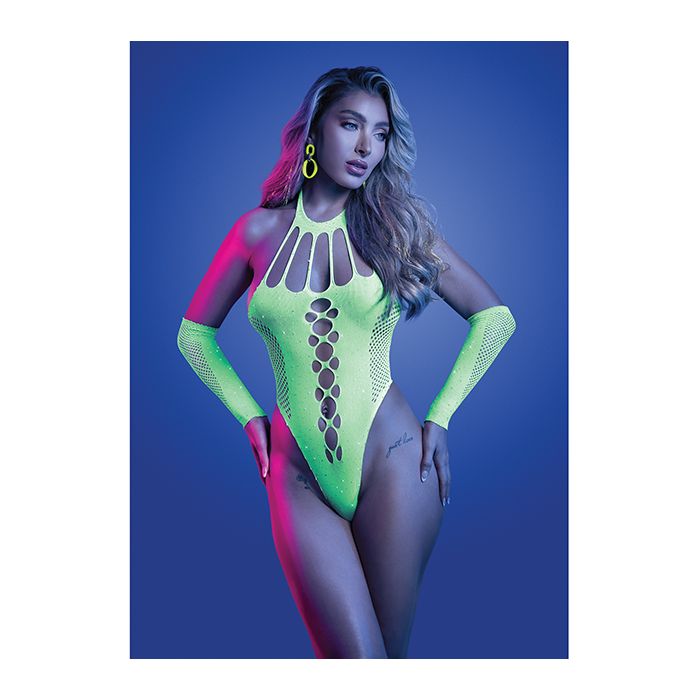 uv reactive teddy lingerie in neon green color with arm warmers and leg warmers