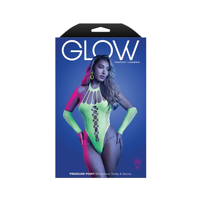 Glow Fantasy Lingerie packaging with a model wearing colorful uv reactive lingerie