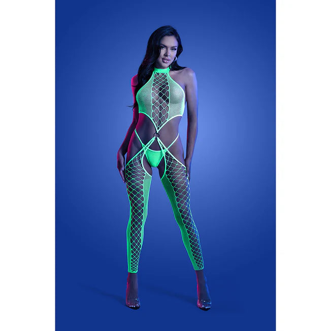 High Voltage UV Reactive High Neck Bodystocking & G-String - O/S