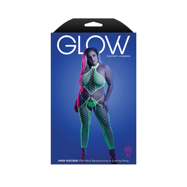 High Voltage UV Reactive High Neck Bodystocking & G-String - Queen Size