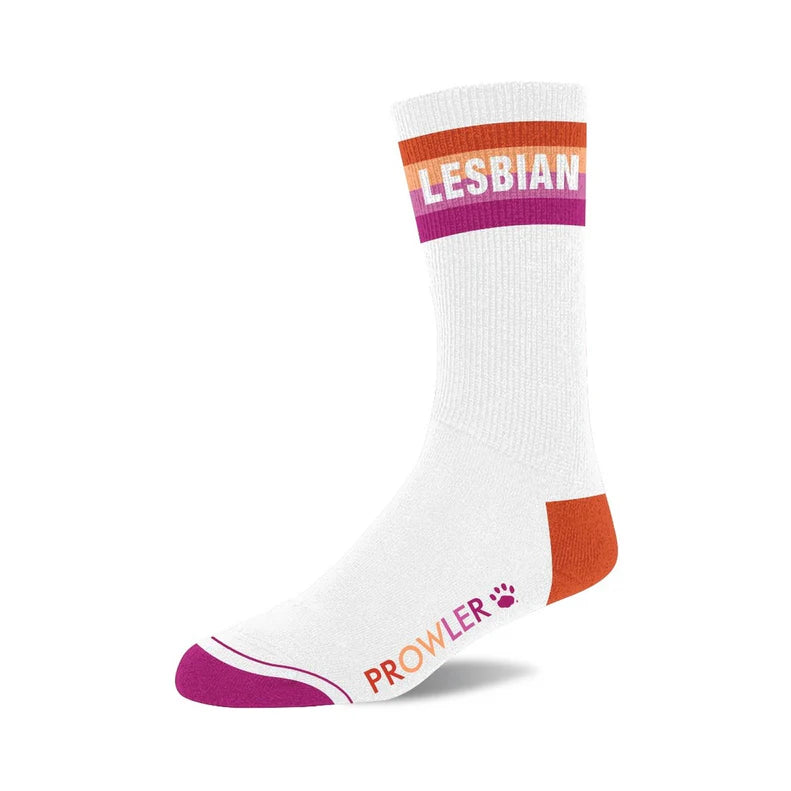 White socks with colorful Lesbian written on top with Prowler paw logo.