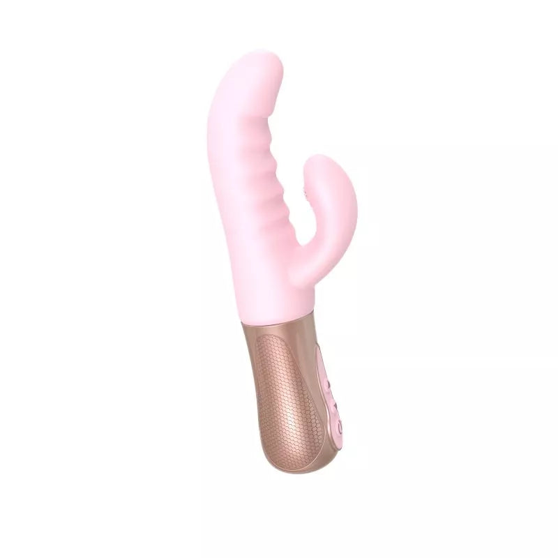 A pink and beige rabbit vibrator with dual stimulation design, displayed alongside its box and a black storage pouch. The product has a curved silicone shaft and a smaller attachment for clitoral stimulation.