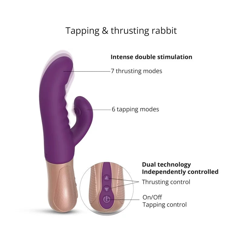A purple and beige rabbit vibrator with dual stimulation design, displayed alongside its box and a black storage pouch. The product has a curved silicone shaft and a smaller attachment for clitoral stimulation.