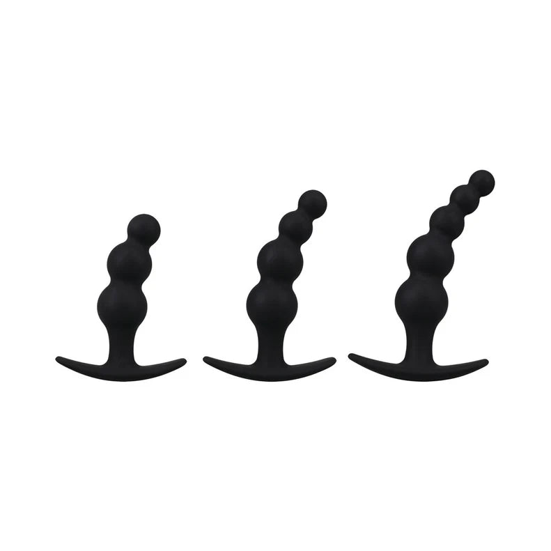 Three black silicone beaded butt plugs with a t base in small, medium, and large sizes.