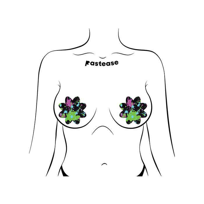 two Pastease colorful neon paint splatter nipple pasties shaped as a petal