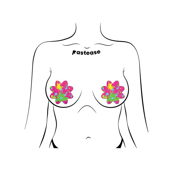 pair or Pastease neon pink petal nipple pasties with neon yellow, neon blue and neon green pain splatter design.