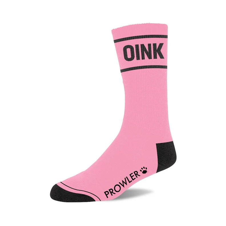 Pink sock with OINK written in black with paw print prowler logos with black heels and toe