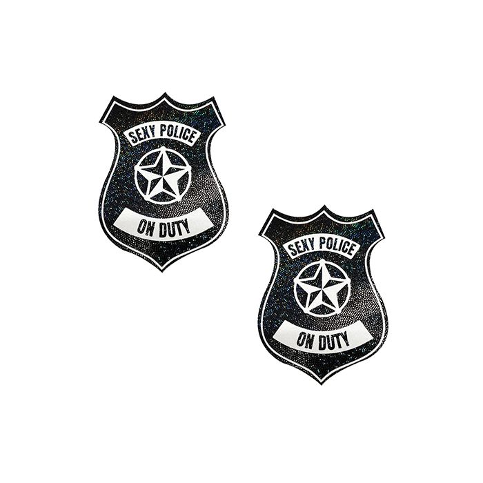 Two black police badge pasties with 'Sexy Police On Duty' text on a white background.