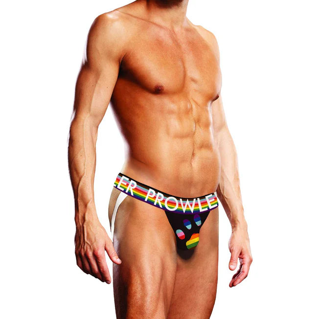 Man wearing a colorful men's underwear with 'Prowler' branding on a white background