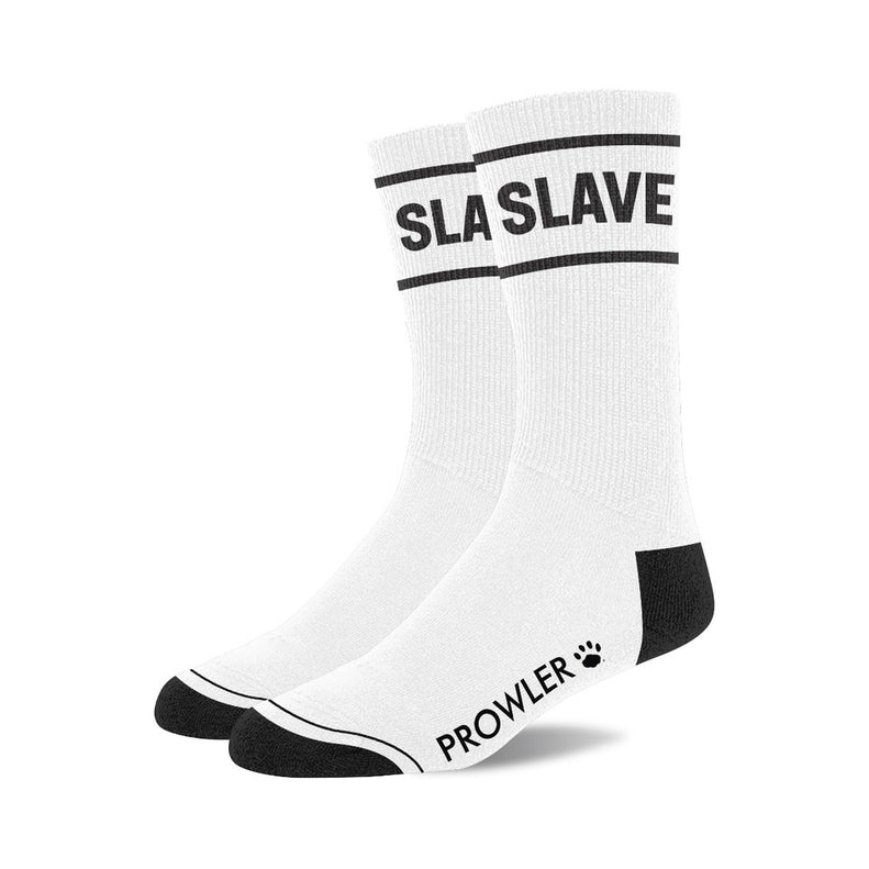 White socks with Slave in black text and paw print Prowler logo with two black stripes and black heals and toes
