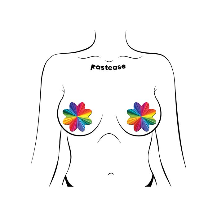 Outline of a torso with rainbow flower petal nipple covers from Pastease