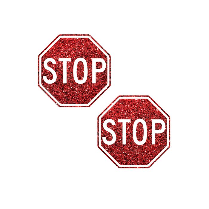 Two red glittery stop signs with white text on red stop sign pasties