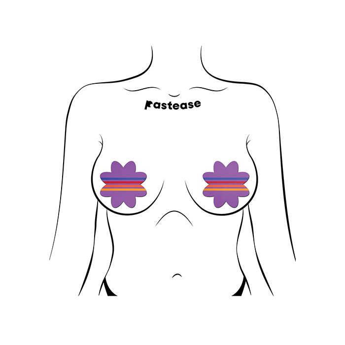 pair of purple petal pasties with retro stripes on an outline of a torso