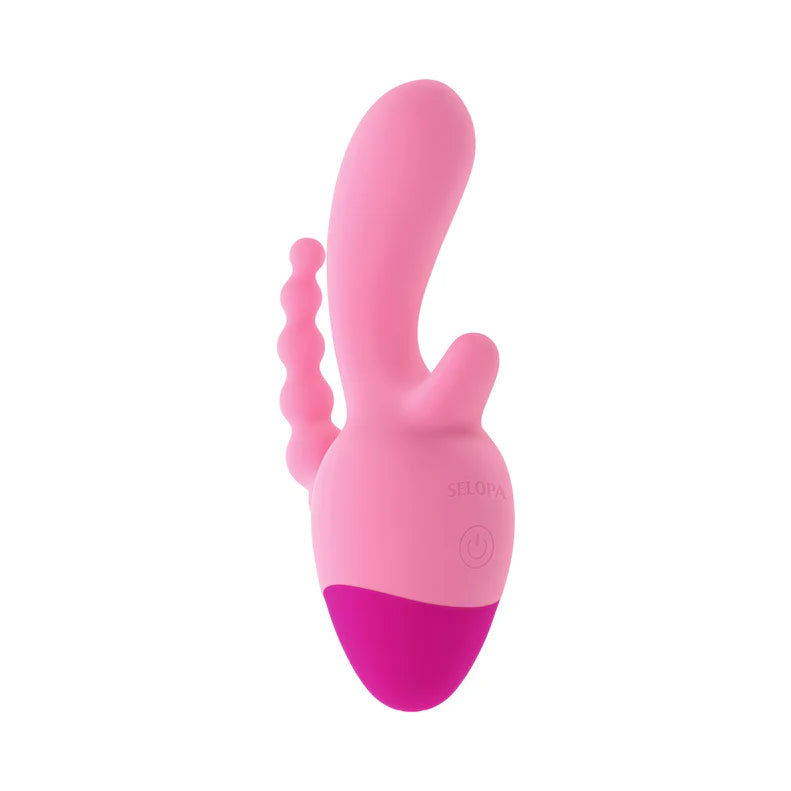 light pink and dark pink two tone silicone vibrator that stimulates g spot c spot and anal at same time