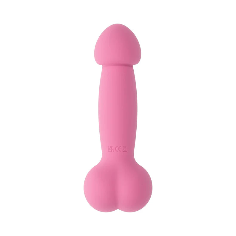a pink penis shaped vibrator. Vibrator with a bulbous penis shaped head with a shaft and round balls at the base.