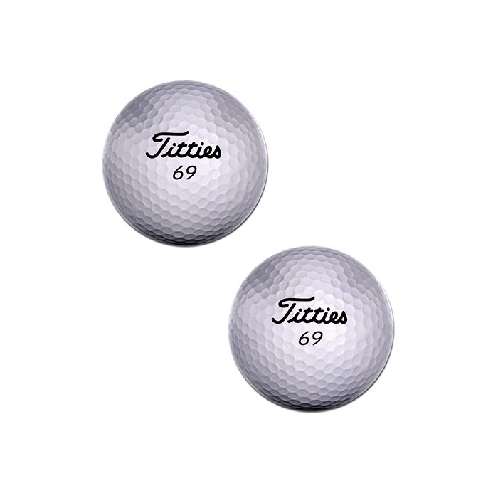 Two golf balls with 'Titties 69' text on pastie nipple covers