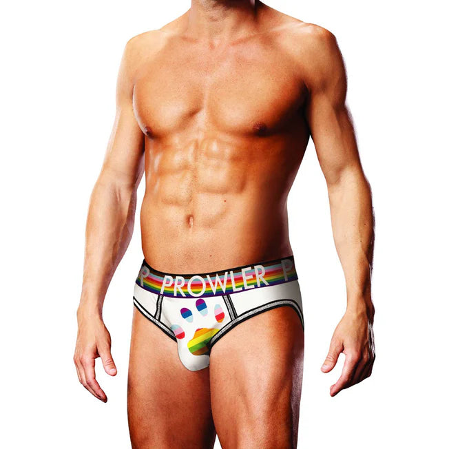 Man wearing a colorful underwear with 'Prowler' branding on a white background