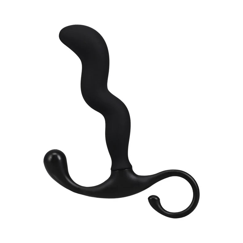 black curved silicone prostate stimulator with zig zag shaft with a t base handle