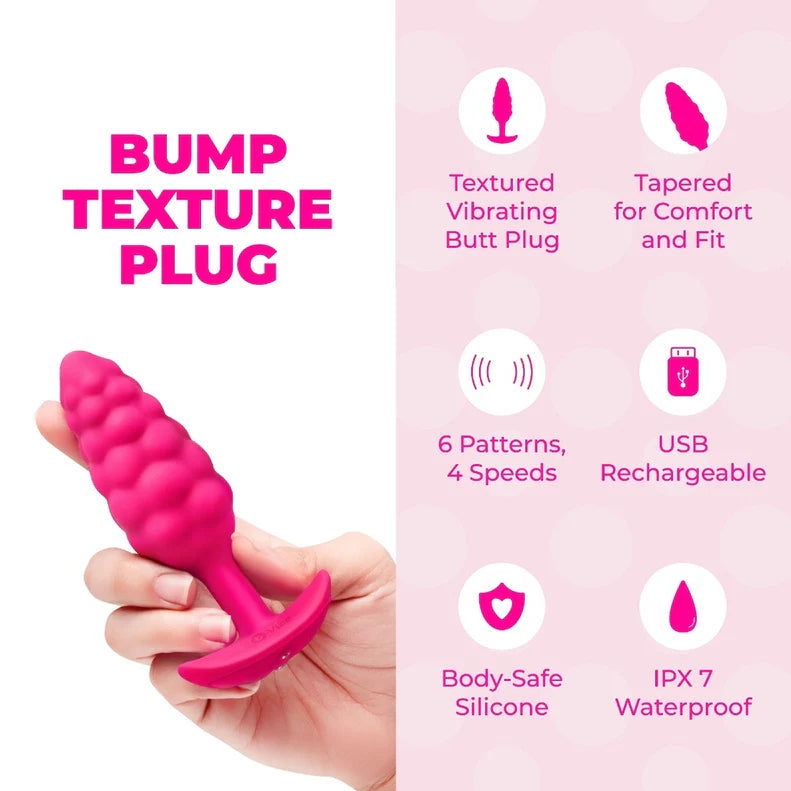 pink silicone t base vibrating butt plug with bump texture from b-vibe