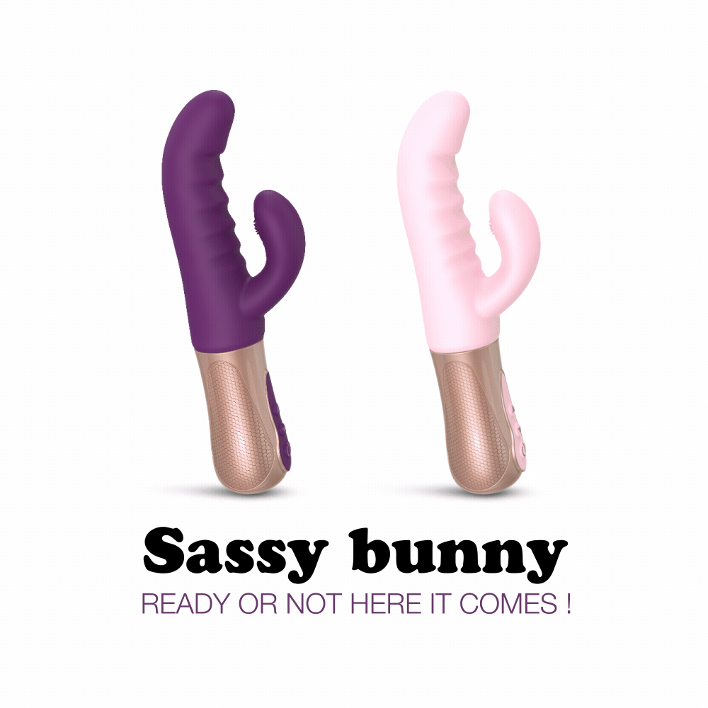 A pink and beige rabbit vibrator with dual stimulation design, displayed alongside its box and a black storage pouch. The product has a curved silicone shaft and a smaller attachment for clitoral stimulation.