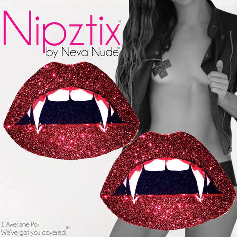 Vampire Fang Red Glitter Lip Blacklight Nipple Cover Pasties