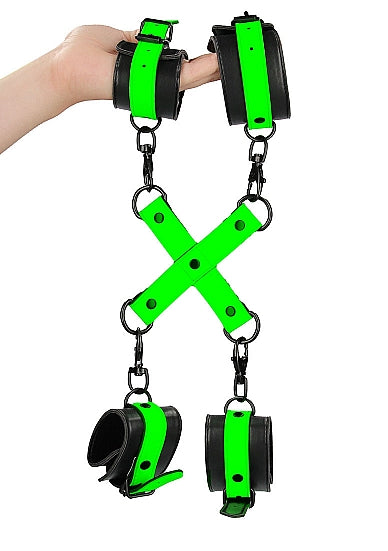 Ouch! Glow in the Dark Hand & Ankle Cuffs With Hogtie Set Neon Green
