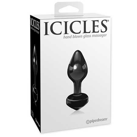 A clear glass anal plug with a tapered shape, displayed in its packaging which reads 'Icicles hand-blown glass massager'.