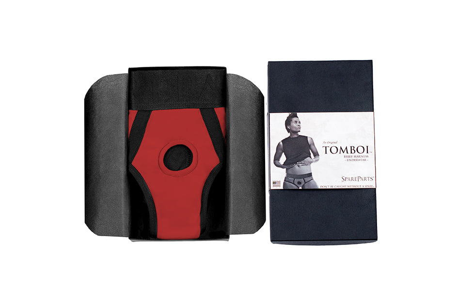 SpareParts Tomboi Nylon Harness Briefs Black/Red - All Sizes