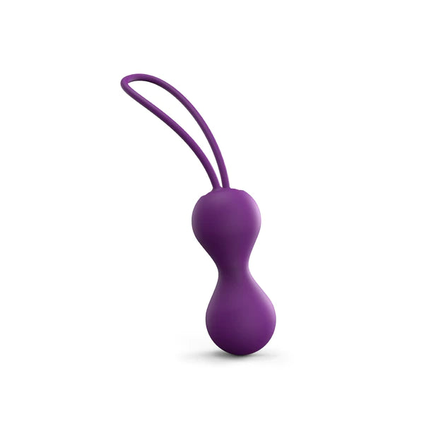 A purple silicone kegel ball with a smooth, sleek design. It is connected to a string for easy handling and use.