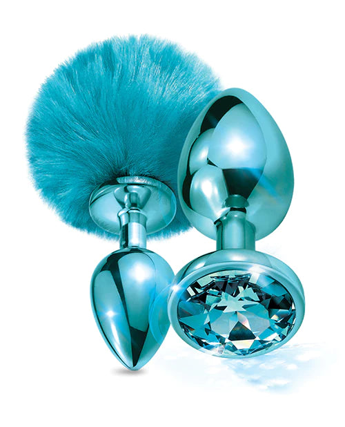 NIXIE Metal Butt Plug Set Pom Pom and Jewel-Inlaid Metallic Purple - Blue