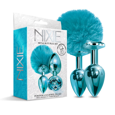 NIXIE Metal Butt Plug Set Pom Pom and Jewel-Inlaid Metallic Purple - Blue