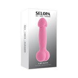 a pink penis shaped vibrator. Vibrator with a bulbous penis shaped head with a shaft and round balls at the base. 