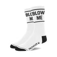 White socks with Blow Me in black text and prowler paw logo on foot with black heel and toe