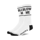 White socks with Blow Me in black text and prowler paw logo on foot with black heel and toe