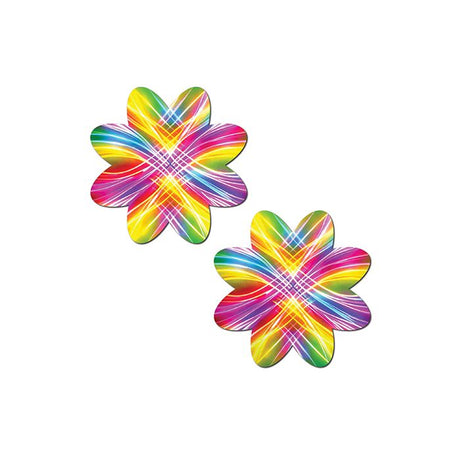 two rainbow colored lazer petal pasties