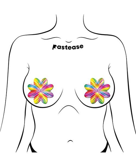 a torso wearing pastease rainbow colored laser nipple covers