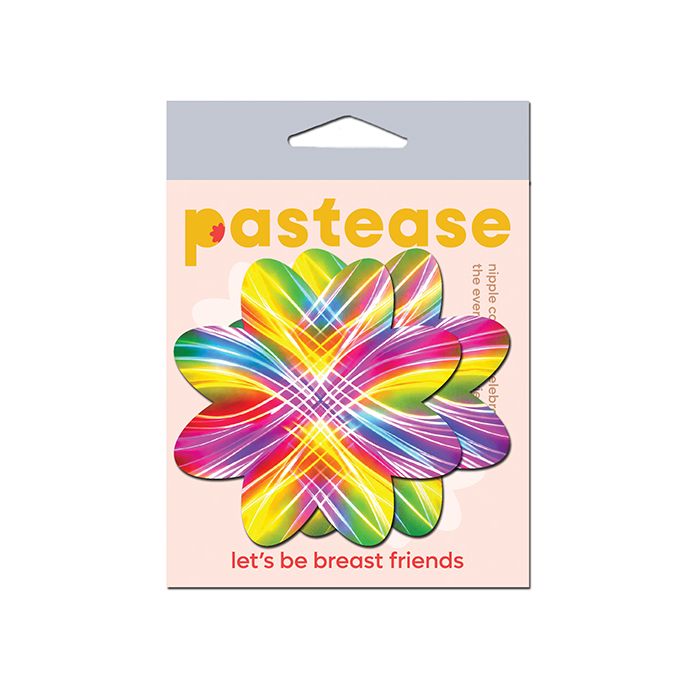 pastease packaging of rainbow laser petal pasties