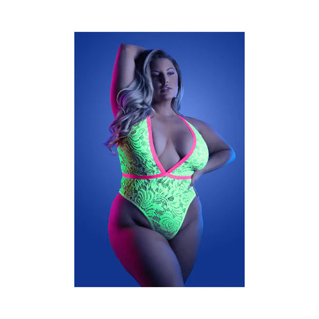 Glow Spotlight Neon Green Lace Teddy  - Queen Size