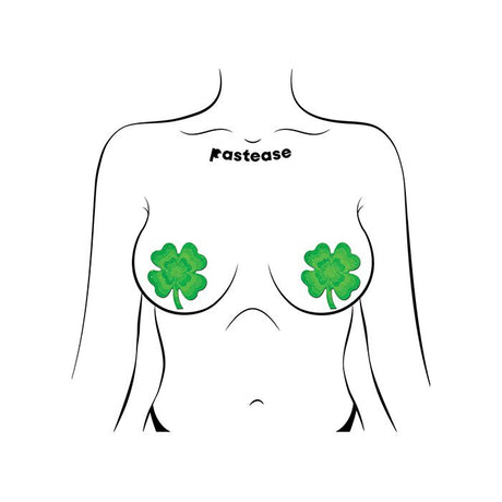 two green glittered four leaf clover nipple pasties being worn